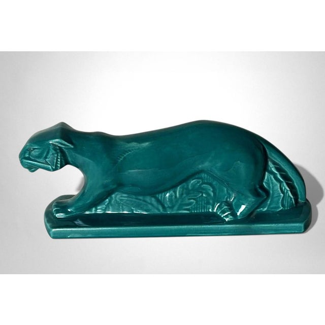 Mid 20th Century Mid 20th Century Art Deco Saint-Clément Style Panther France Green-Glazed Ceramic For Sale - Image 5 of 18