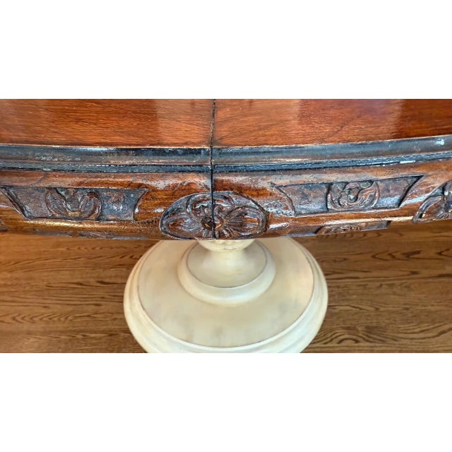 Two-Tone Round Pedestal Dining Table With Carved Apron and 22” Leaf For Sale In Boston - Image 6 of 7