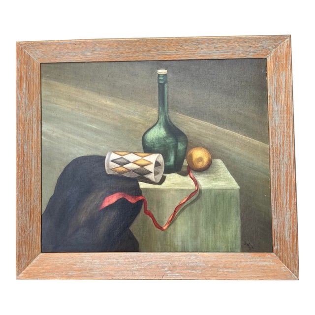 1950’s Original Mid Century Modern Still Life Painting Signed Vintage Original Modernist Wood Frame For Sale