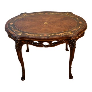 1910s Antique French Louis XV Carved Walnut & Satinwood Inlay Small Coffee Table For Sale