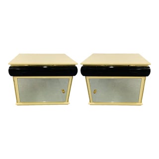 Art Deco Lacquered Off-White and Black Nightstand With Mirrored Door, a Pair For Sale