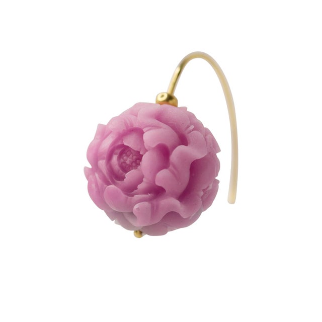 Pink Agate Peony Flower Earring II 14k Gold Hook, A Pair For Sale - Image 4 of 8