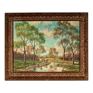 Mid 20th Century George H. Barker Signed Pastoral Landscape Oil Painting in Ornate Gilt Frame For Sale