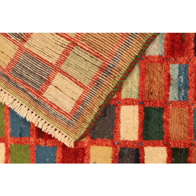 Textile 1950s Vintage Gabbeh Tribal Rug in Polychromatic Geometric Pattern For Sale - Image 7 of 8