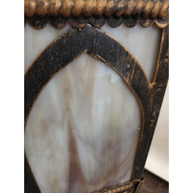 Metal 1920s Gothic Tudor Ecclesiastical Gold Painted Metal & Slag Glass Fixture Chandelier For Sale - Image 7 of 10