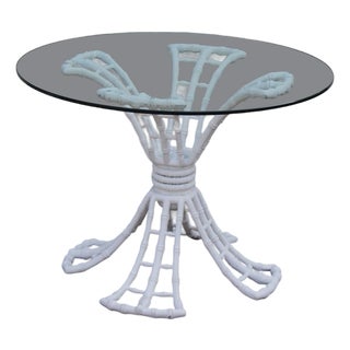Hollywood Regency Cast Aluminum Faux Bamboo Round Glass Top Patio Table For Sale