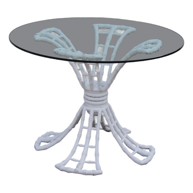 Hollywood Regency Cast Aluminum Faux Bamboo Round Glass Top Patio Table For Sale