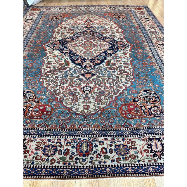 Antique Persian Mohtasham Kashan Carpet, Ivory ground, Ivory Border, Blue, Green For Sale - Image 9 of 18