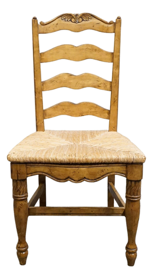 High End Vintage Solid Rubberwood Country French Ladderback Dining Side Chair W. Rush Seat