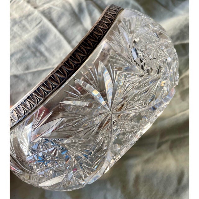 Early 20th Century Brilliant Deeply Cut Cut Glass Art Deco 875 Silver Rimmed Oval Boat Small Bowl For Sale - Image 5 of 12
