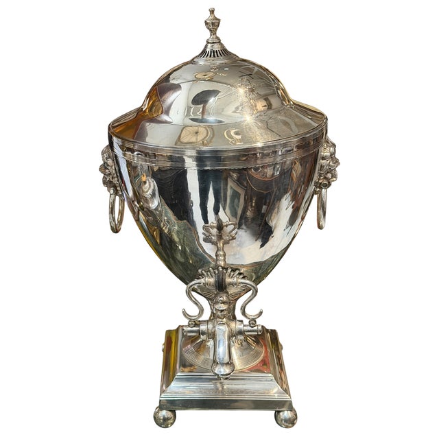 Antique Regency Style Silver Samovar With Lion Heads & Original Heater For Sale - Image 4 of 5