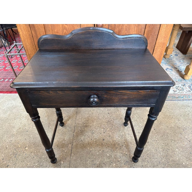 English Vintage Ebonized Wood Side Table With Drawer & Gallery Back For Sale - Image 3 of 11