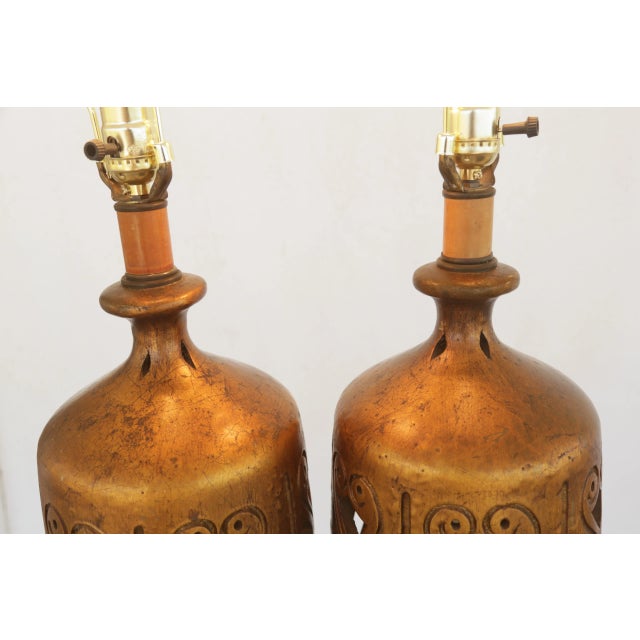 Gorgeous Golden Mid-Century Brutalist Cut-Out Ceramic Table Lamps - A Pair For Sale - Image 13 of 17