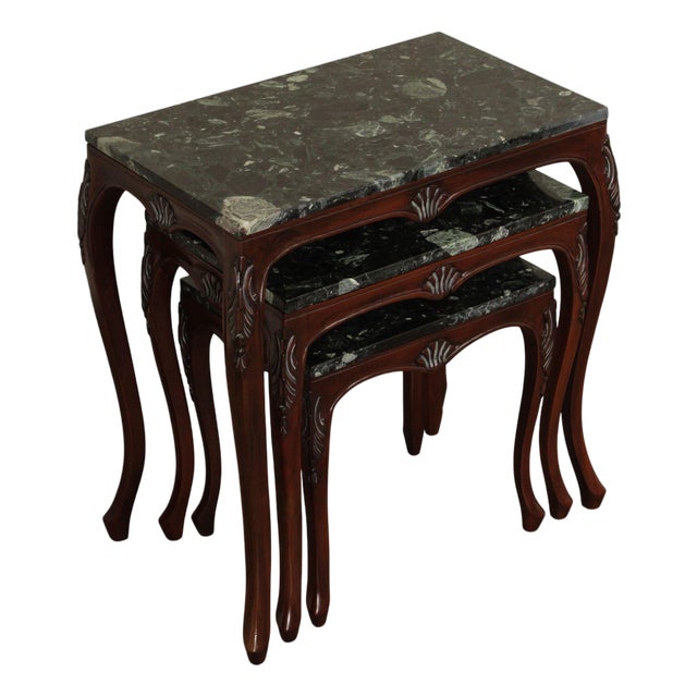 Rococo Style Set of Three Marble Top Mahogany Nesting Tables For Sale