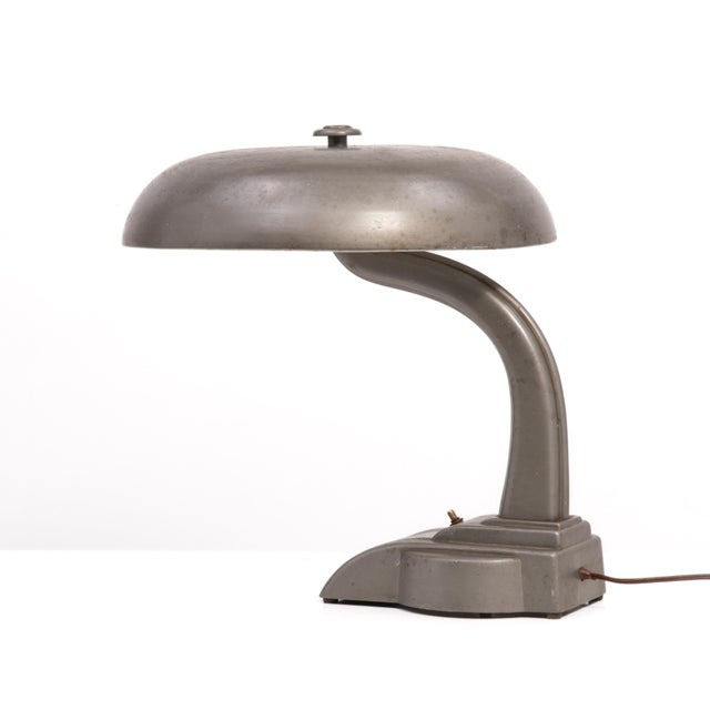 1940s Art Specialty Co Flexo Banker Desk Lamp Flying Saucer Shade Fluorescent Bulb Art Deco Industrial Dazor For Sale - Image 5 of 16
