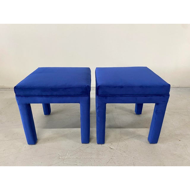 Mid-Century Modern 1980s Milo Baughman Style Parsons Stools in Royal Blue - Set of 2 For Sale - Image 3 of 8