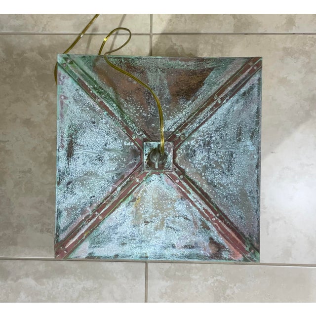 Single Arts & Crafts Brass Lantern Pendant Light With Art Glass For Sale - Image 10 of 12