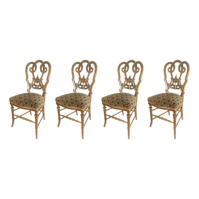 19th Century Sculptural Backrest Walnut and Velvet Sec Dining Chairs, Set of 4 For Sale