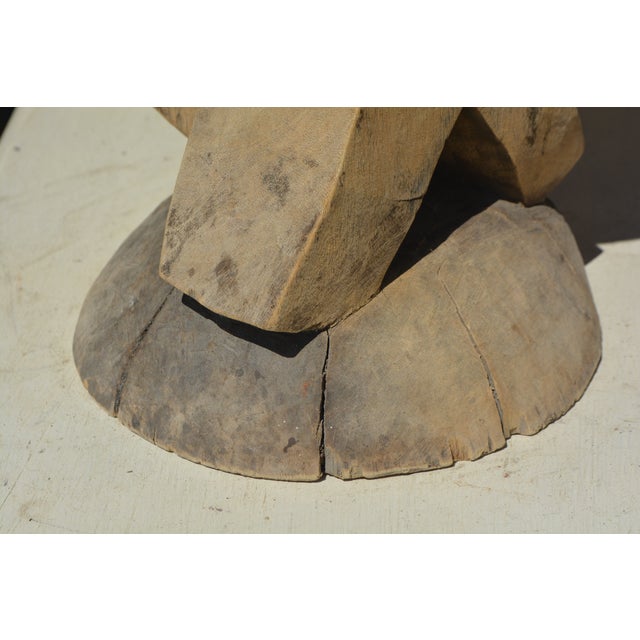 1950s Vintage Pale Rustic Wood Carved African Round Tonga Stool / Work Table with Cross Shape For Sale - Image 11 of 18