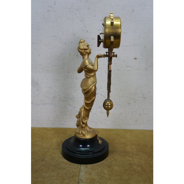 Japanese Linden Art Nouveau Swinging 8 Day Diana Statue Desk Clock 14" For Sale - Image 4 of 18
