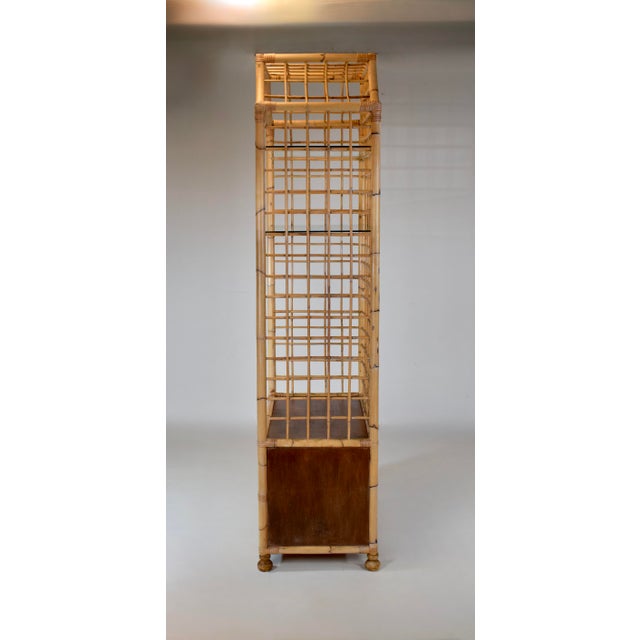 1970's Vintage Coastal Pagoda Bamboo Etagere Bookcase With Glass Shelves and Drawers For Sale - Image 13 of 15