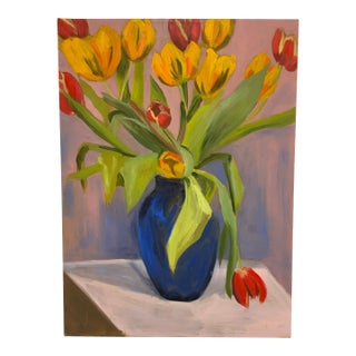 Original Tulips in Blue Vase Still Life Painting For Sale