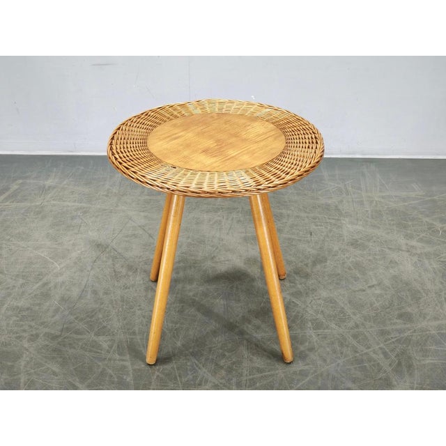 Rattan and Beech Side Table from Jan Kalous, Czechoslovakia, 1970s For Sale - Image 3 of 10