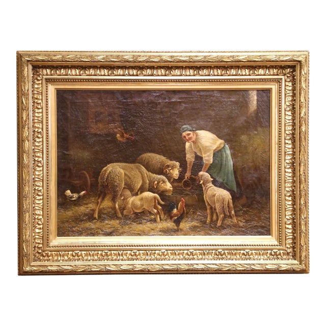 19th C. French Pastoral Oil on Canvas in Giltwood Frame by Charles Hélygouët For Sale