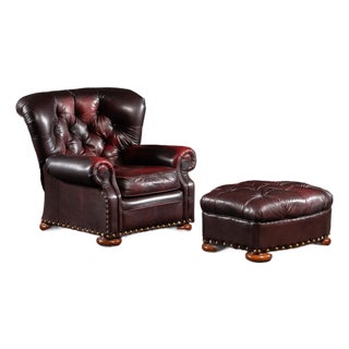 Tufted Churchill Style Recliner With Ottoman in Oxblood For Sale