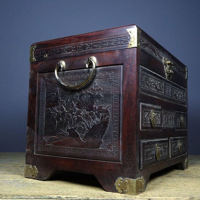 Vintage Rosewood Jewelry Box / Vanity Chest With Brass Hardware & Carved Drawers For Sale - Image 4 of 9
