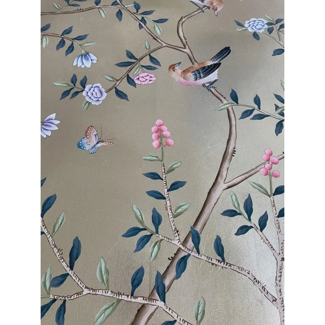 Metal Luxury Hand Painted Champagne Silver Wallpaper With Birds & Floral Branches, Elegant Chinoiserie Botanical Wall Mural, Custom Oriental Wallcovering For Sale - Image 7 of 8
