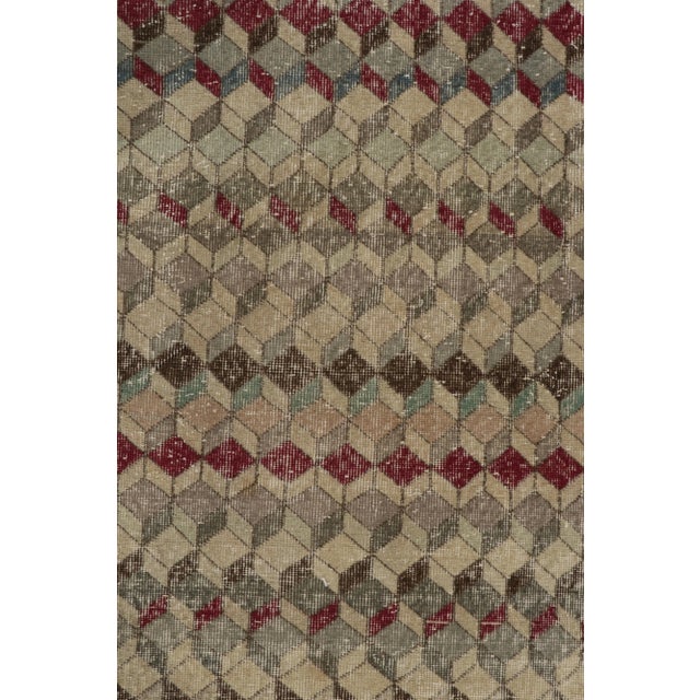 1960s Vintage Deco Rug in Greige, Green and Red Geometric Pattern, Distressed For Sale In New York - Image 6 of 8