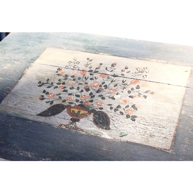 Handpainted Blue Farmhouse Table With Folk Art Bouquet For Sale - Image 12 of 13