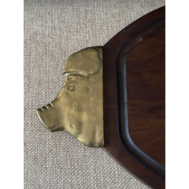 Vintage Mid-Century Walnut Carving Board With Solid Brass Pig Head Handles | Sculptural Charcuterie & Serving Board For Sale In Raleigh - Image 6 of 11