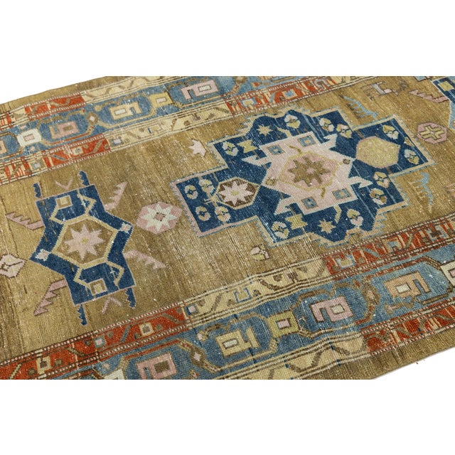 Antique Heriz Runner Rug With Muted Camel Field and Geometric Medallions For Sale In New York - Image 6 of 9
