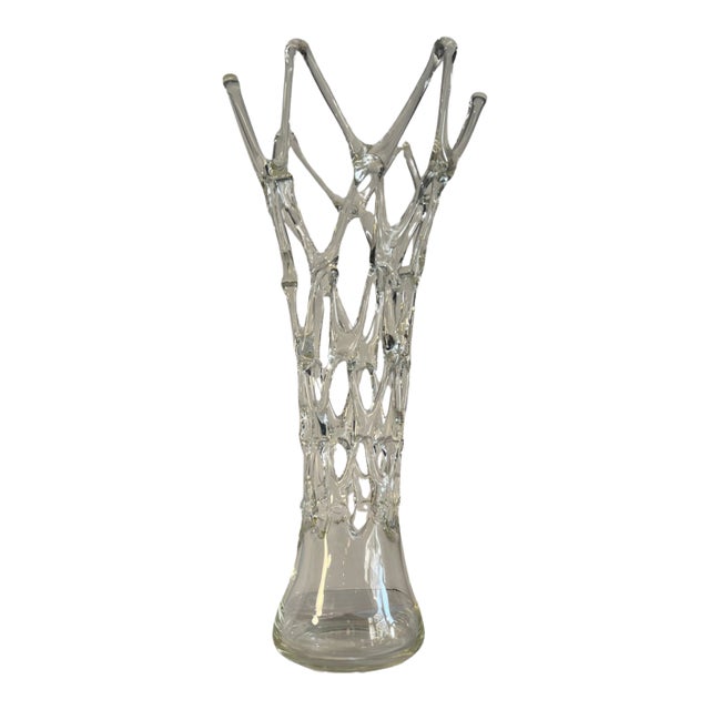19 in Tall Art Glass Clear Lattice Vase by Ion Tamaian For Sale