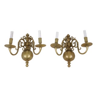 Pair Vintage Colonial Williamsburg Brass Candelabra Wall Sconces For Sale