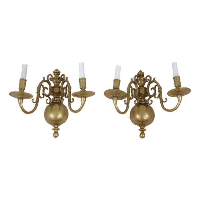 Pair Vintage Colonial Williamsburg Brass Candelabra Wall Sconces For Sale