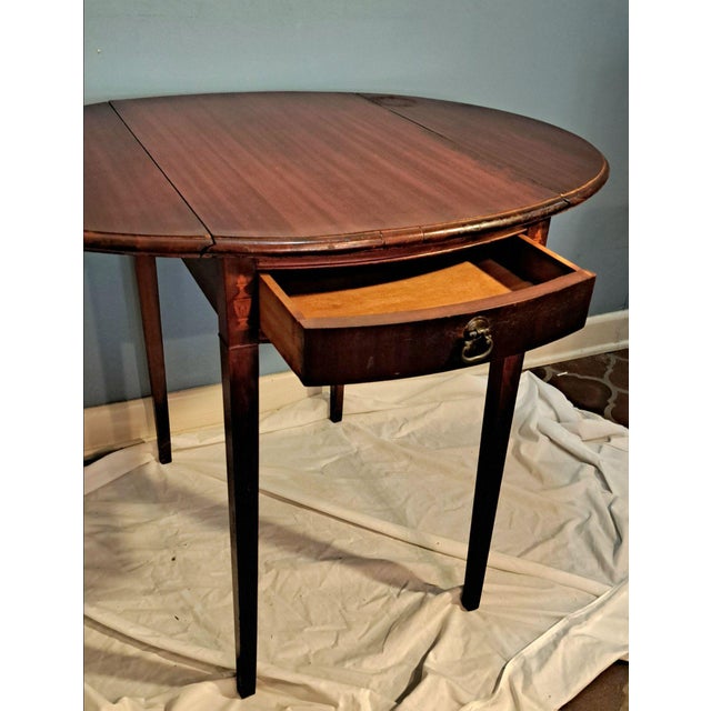 Metal Mid 20th Century Pair of Hickory Chair Style Drop Leaf Side Tables With Fan Inlay and Brass Pulls For Sale - Image 7 of 12
