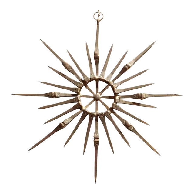 Vintage Brutalist Mixed Metal Horseshoe Nail Starburst Wall Sculpture Ornament For Sale