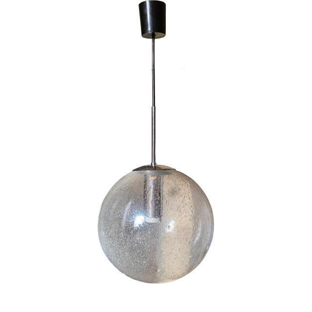 Globe Pendant Light in Blown Bubble Glass and Chrome Frame, Germany, 1970s For Sale