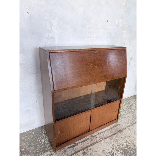 Mid-Century Oak Bureau Cabinet with Sliding Doors, 1960s For Sale - Image 4 of 10