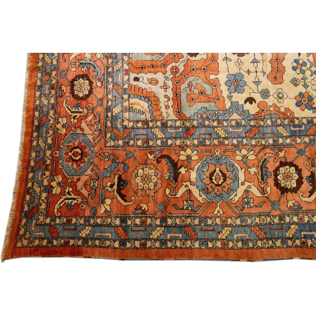 1920s Orange Antique Persian Serapi Handmade Wool Rug With Medallion Motif For Sale - Image 4 of 6