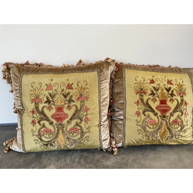 Embroidery Silk & Velvet Crest Pillows with Tassel Trim - a Pair For Sale In Los Angeles - Image 6 of 8