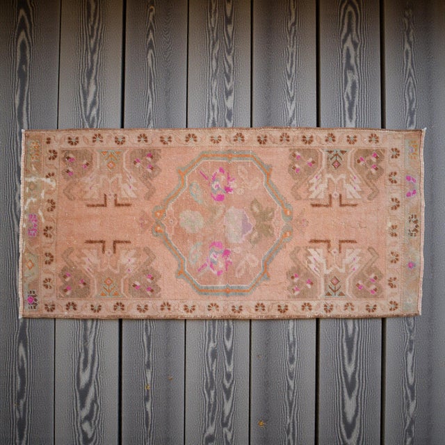 Shabby Chic 1970s Turkish Hand Made Small Rug Doormat Enrtyway Decor - 1'10" X 3'10" For Sale - Image 3 of 11
