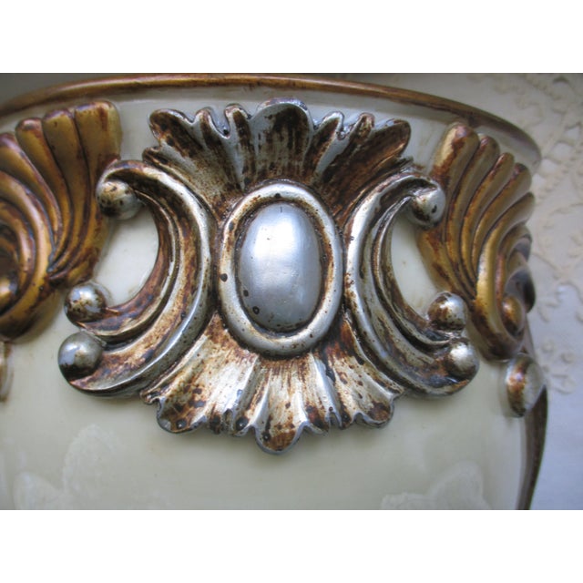 Plastic Vintage Hollywood Regency Ornate Pearlize Faux Marble With Bronze & Silver Accents Wastebasket For Sale - Image 7 of 9