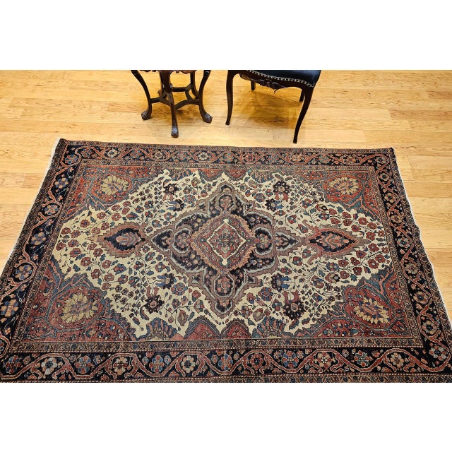 Persian 19th Century Persian Farahan Sarouk Area Rug, Hand-Knotted Wool, Floral Medallion Pattern, Ivory & Blue, 4x7 For Sale - Image 3 of 14