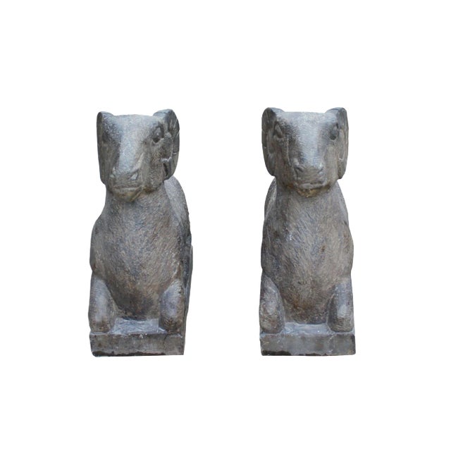 Chinese Look Gray Color Crouching Ram Stone Statues - a Pair For Sale
