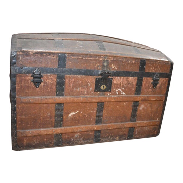 Antique Primitive Oak Slat Chest Humpback Round Top Steamer Trunk