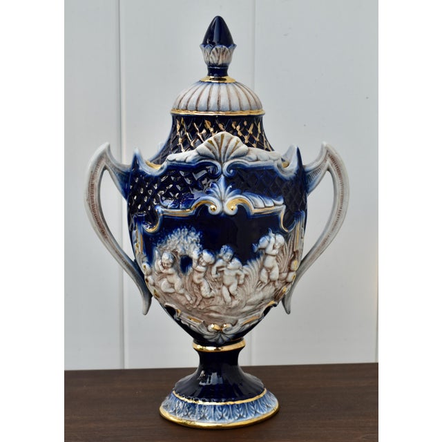 Italian Ceramic Lidded Urn Capodimonte Cobalt Blue Gold Relief Cherubs 70s For Sale - Image 16 of 16